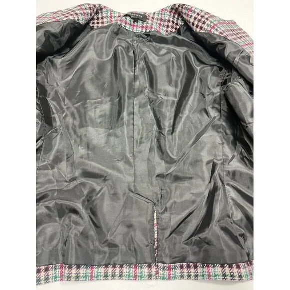 Talbots Blazer Womens 14 Pink Green Blue Houndstooth Collarless Wool Pockets - Picture 11 of 12